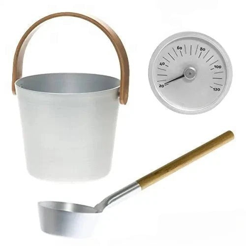 Bastuset i naturlig anodiserad aluminium – Bastuskopa, hink & termometer